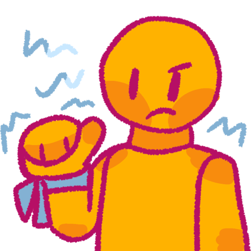 a yellow person angry and showing their fist, which has a blue ribbon tied around it. Surrounding the person are blue zigzags for emphasis